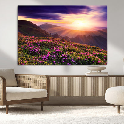 -Mountain Sunrise Wall Art – Vibrant Floral Landscape Canvas Print, Nature Home Decor for Living Room, Bedroom Office or Cabin