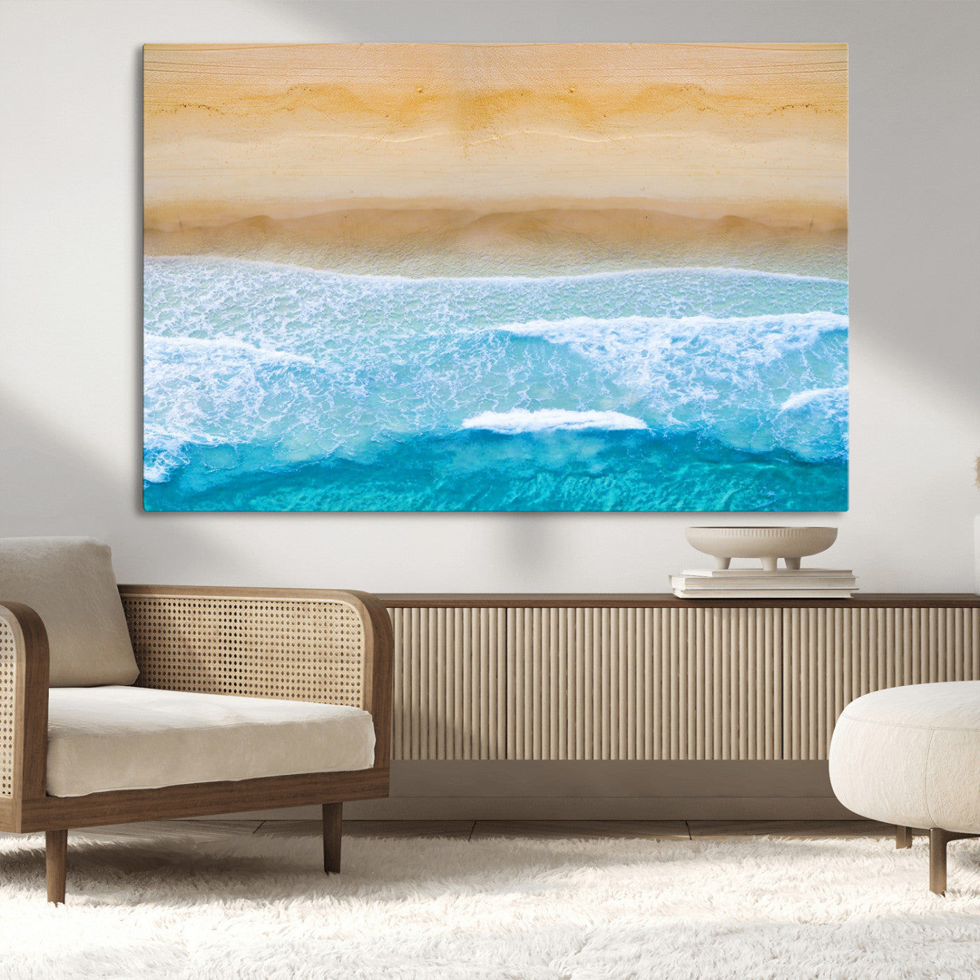 -Aerial Beach Wall Art – Serene Ocean Waves & Sandy Shore Canvas Print, Coastal Home Decor for Living Room, Bedroom or Office