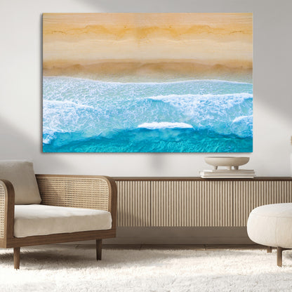 -Aerial Beach Wall Art – Serene Ocean Waves & Sandy Shore Canvas Print, Coastal Home Decor for Living Room, Bedroom or Office