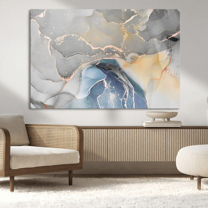 -Abstract Fluid Art Wall Decor – Blue, Gray & Gold Canvas Print, Modern Home and Office Wall Art Decor for Living Room, Bedroom or Workspace