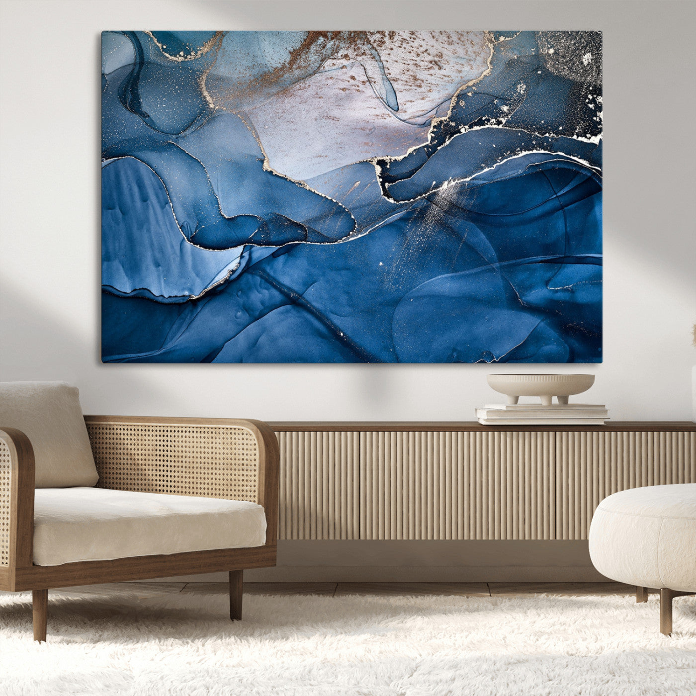 -Abstract Blue Gold Fluid Art Wall Decor – Modern Canvas Print, Elegant Home & Office Wall Art, Stylish Living Room or Bedroom Decoration