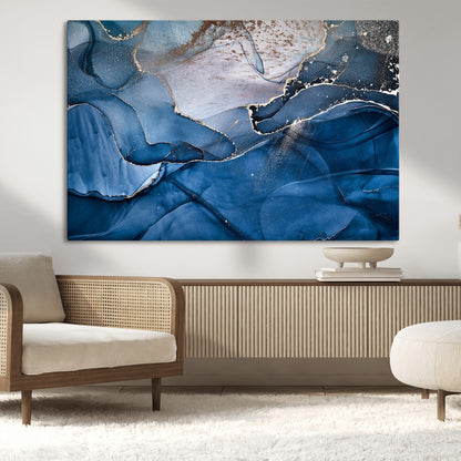 -Abstract Blue Gold Fluid Art Wall Decor – Modern Canvas Print, Elegant Home & Office Wall Art, Stylish Living Room or Bedroom Decoration