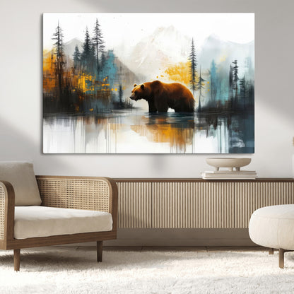 A majestic bear stands by the serene waters of a misty forest, surrounded by towering trees and distant mountains, evoking the raw beauty and wild spirit of nature.