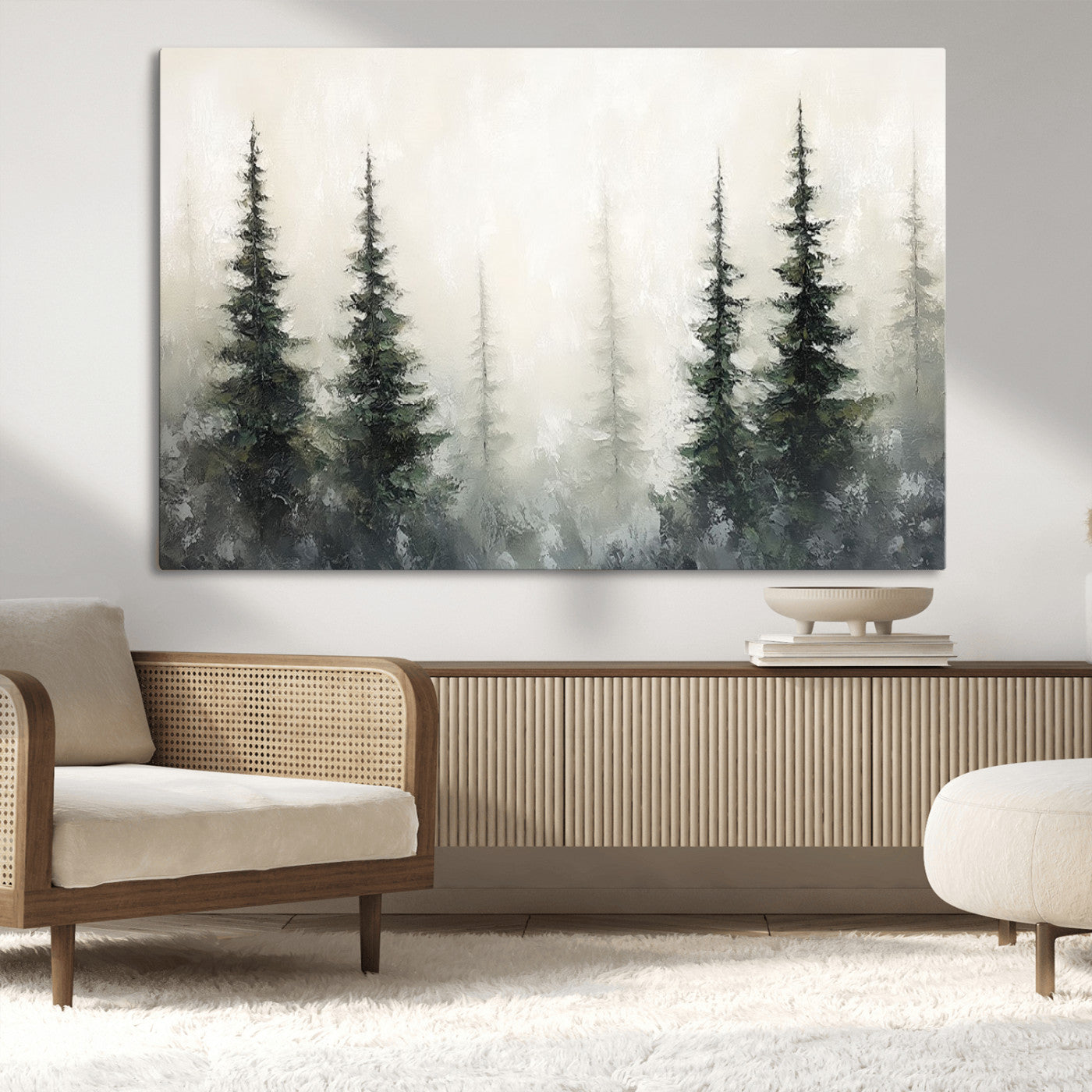 Soft and misty pine forest painting in neutral earthy tones, ideal for calm woodland or minimalist rustic home decor.