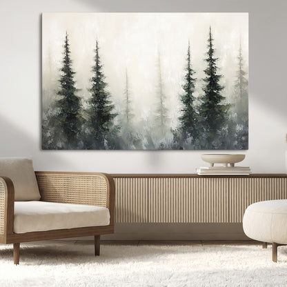 Soft and misty pine forest painting in neutral earthy tones, ideal for calm woodland or minimalist rustic home decor.