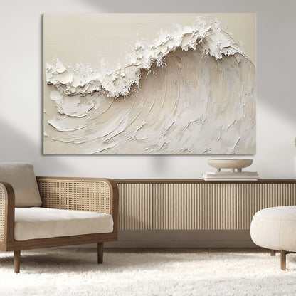 Textured canvas of an abstract white ocean wave in neutral tones, ideal for modern coastal or minimalist home decor.