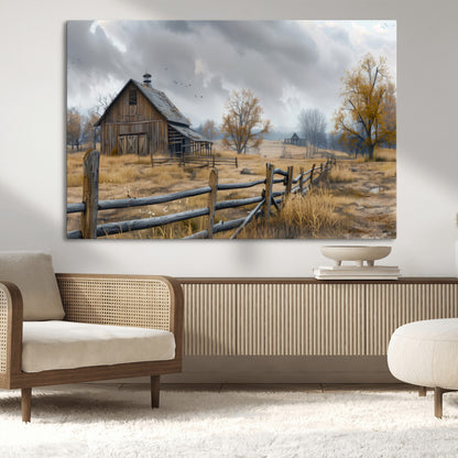 A tranquil rural scene featuring a rustic barn, overcast skies, and golden fields with scattered trees, evoking a sense of peaceful solitude in nature.