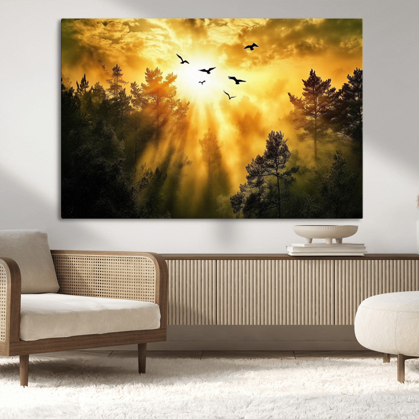 Canvas of a golden forest at sunset with birds flying through glowing sunbeams and silhouetted pine trees, ideal for warm-toned rustic decor.
