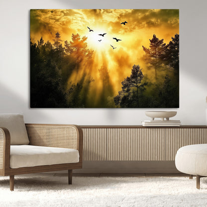 Canvas of a golden forest at sunset with birds flying through glowing sunbeams and silhouetted pine trees, ideal for warm-toned rustic decor.