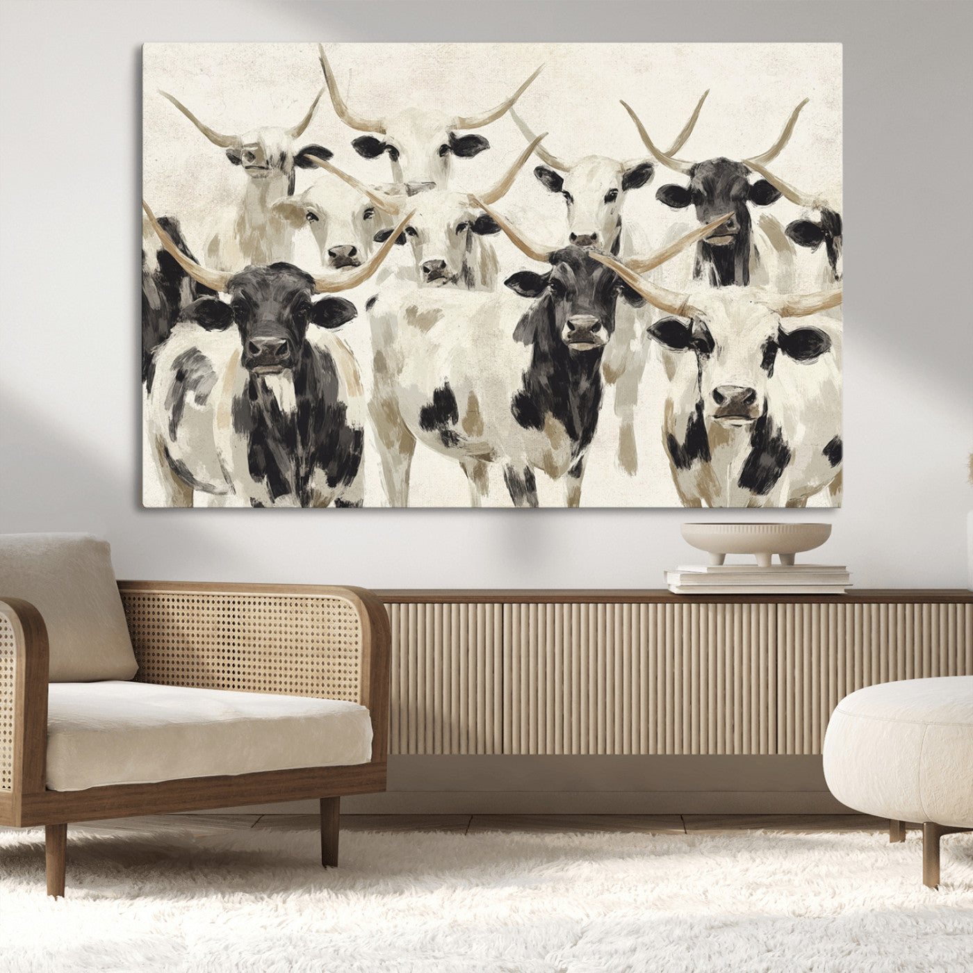 Canvas of a Texas Longhorn cattle herd in neutral black and white tones, ideal for rustic farmhouse or western-themed decor.