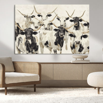 Canvas of a Texas Longhorn cattle herd in neutral black and white tones, ideal for rustic farmhouse or western-themed decor.