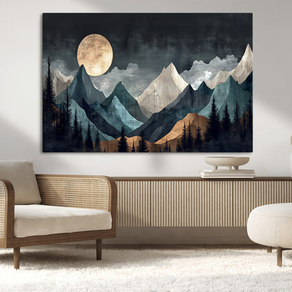 Stylized canvas of layered mountains under a full moon in neutral moody tones, ideal for nature-inspired or modern rustic interiors.