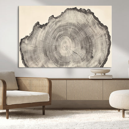 Detailed tree ring drawing in monochrome tones, ideal for rustic or nature-inspired interiors with a minimal decor aesthetic.