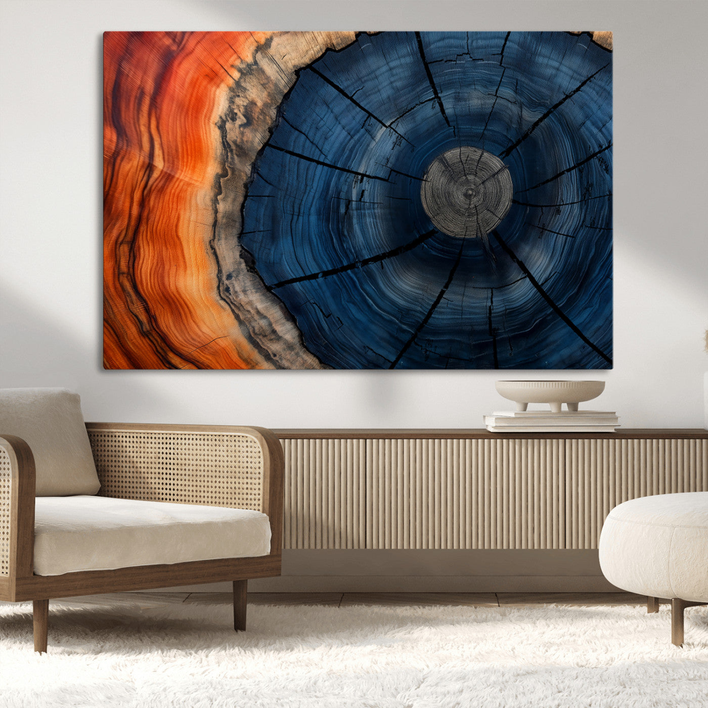 A captivating close-up of a tree trunk, showcasing its concentric rings in rich shades of blue, orange, and brown, highlighting the organic patterns of natural wood.