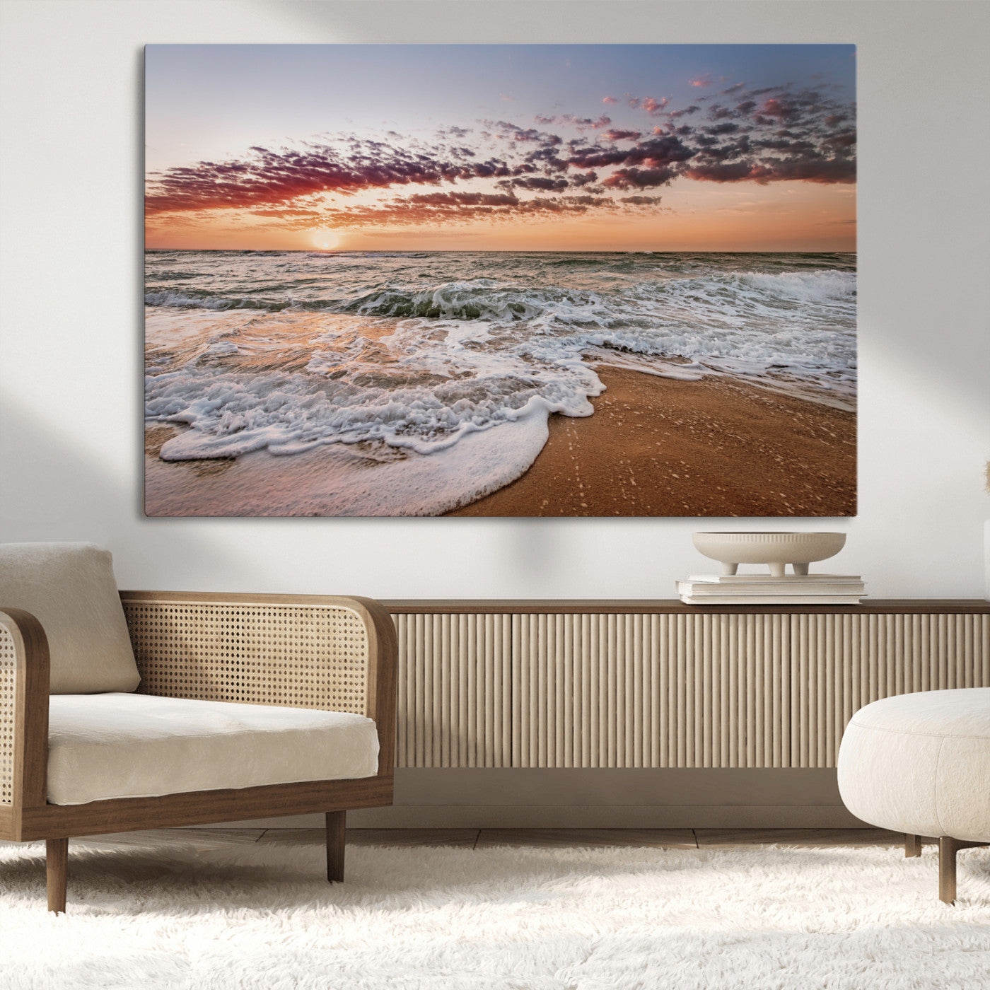 Canvas of a sunset over a foamy ocean shore with warm light and gentle waves, ideal for coastal or beach-themed home decor.