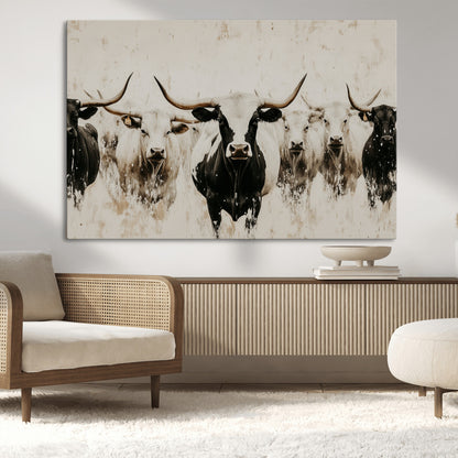 Illustrated herd of longhorn cattle in black and white tones with a neutral textured background, perfect for rustic or farmhouse-style decor.