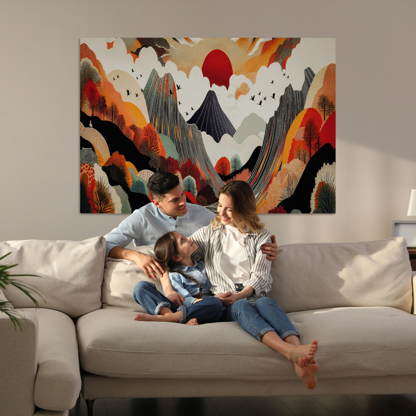 Abstract Mountain Wall Art Canvas Print, Vibrant Landscape Print, Framed Stylized Nature Drawing Art Print, Large Sunset Mountains Printing Perfect for Contemporary Minimalist Decor