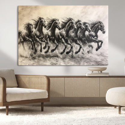 Monochrome drawing of a herd of galloping horses, perfect for dynamic and wild-themed decor in any equestrian or nature-inspired room.