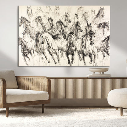 Monochrome ink sketch of galloping horses in dynamic motion, perfect for western or equine-themed wall decor with bold artistic energy.
