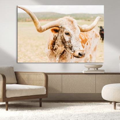 Close-up of a speckled Texas Longhorn in warm prairie tones, perfect for rustic western or countryside-themed room decor.