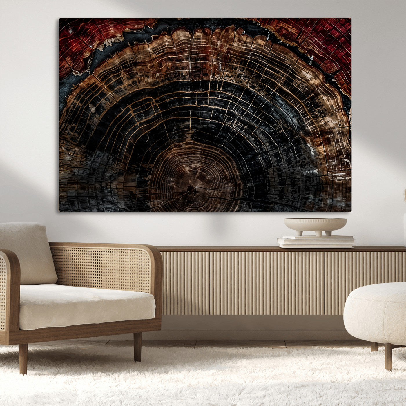 Dark Wood Wall Art Print - Petrified Tree Canvas Print, featuring an intricate tree ring pattern with deep earthy tones and organic textures, perfect for rustic and nature-inspired decor.