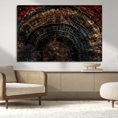 Dark Wood Wall Art Print - Petrified Tree Canvas Print, featuring an intricate tree ring pattern with deep earthy tones and organic textures, perfect for rustic and nature-inspired decor.