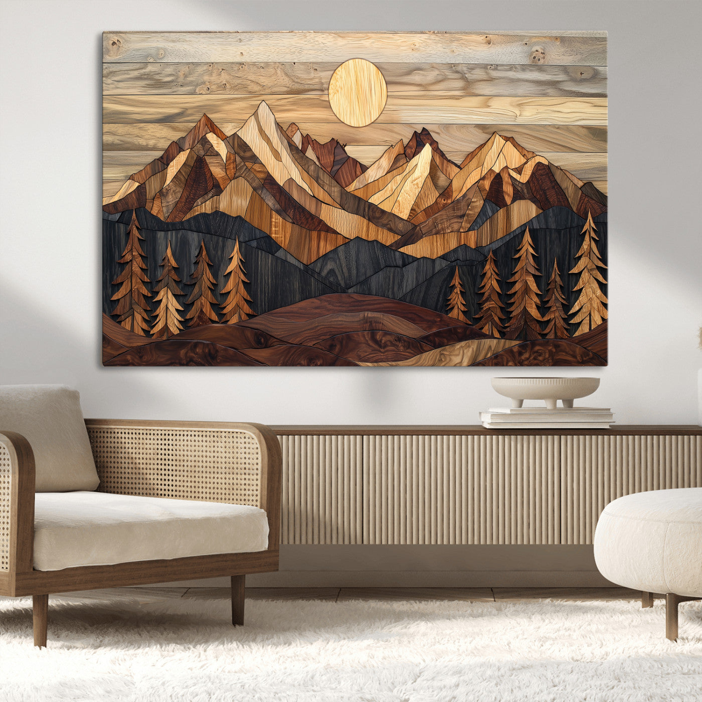 Mountain Landscape Wall Art Print - Sunset Hills Canvas Print, featuring an abstract nature scene with earthy tones and misty peaks, perfect for boho and modern decor.