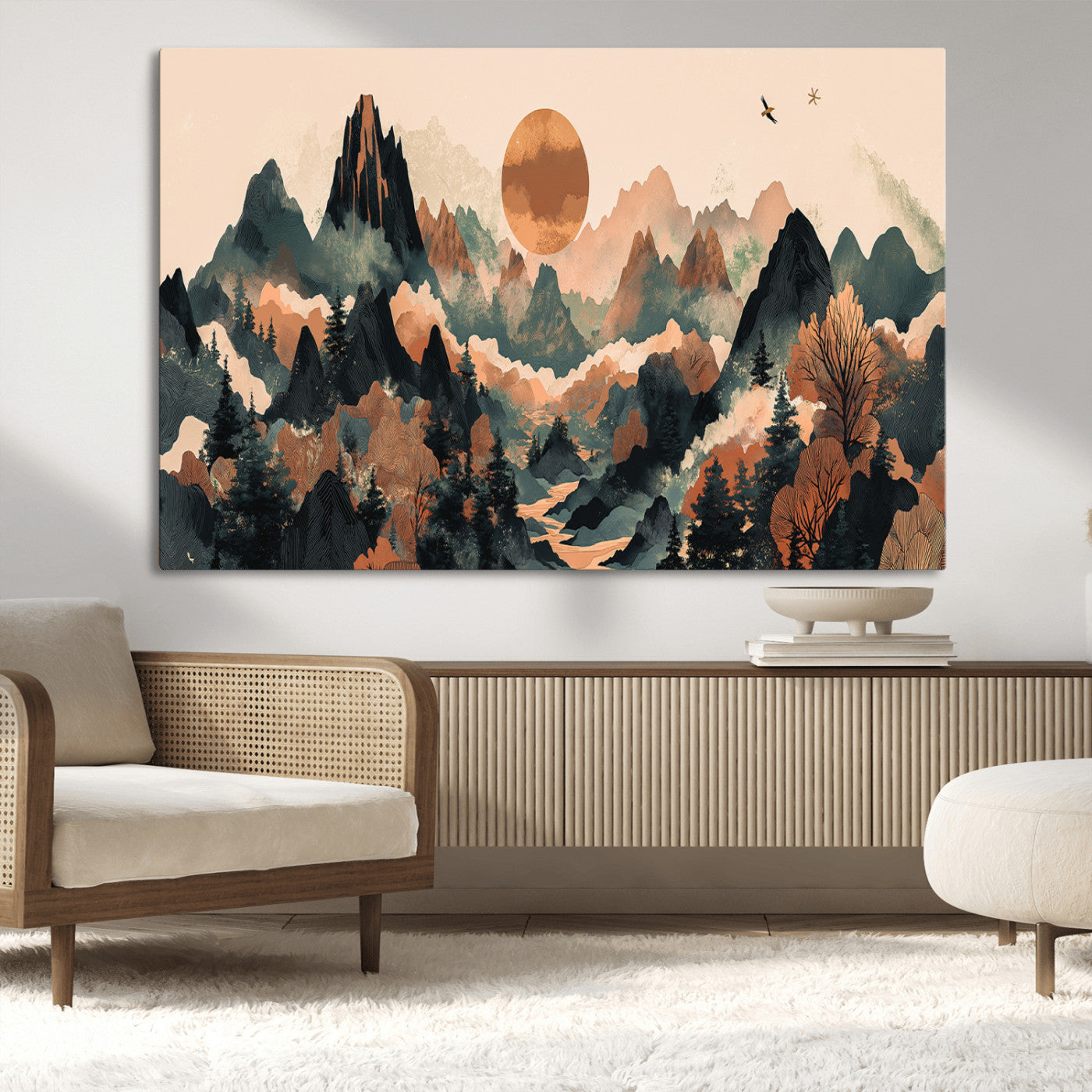 Mountain Landscape Wall Art Print - Sunset Hills Canvas Print, featuring an abstract nature scene with earthy tones and misty peaks, perfect for boho and modern decor.