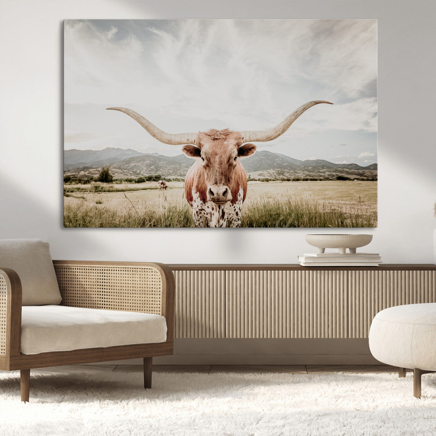 Longhorn Wall Art Print - Western Cow Canvas Print, featuring a majestic Texas longhorn in a rustic prairie setting, perfect for farmhouse and western decor.