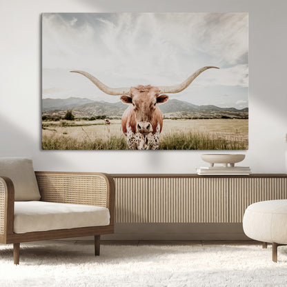 Longhorn Wall Art Print - Western Cow Canvas Print, featuring a majestic Texas longhorn in a rustic prairie setting, perfect for farmhouse and western decor.