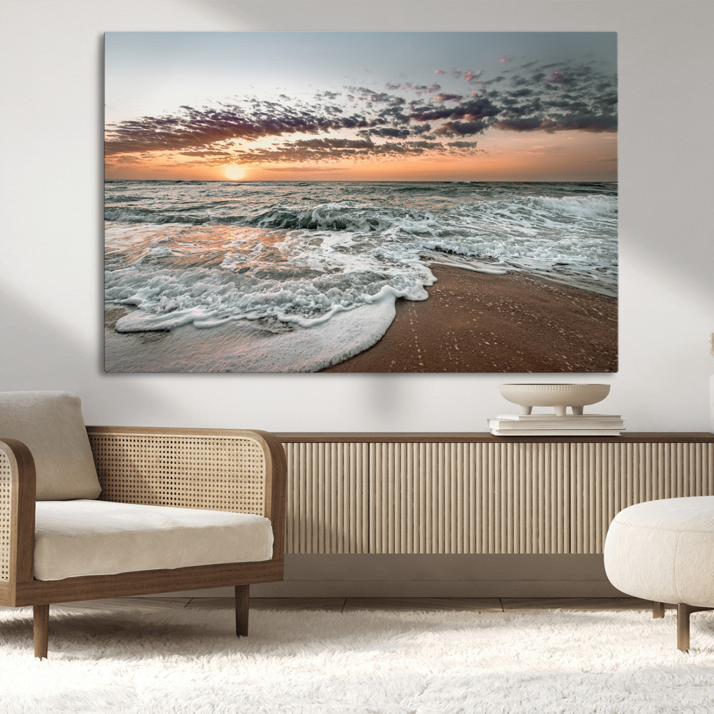 Ocean Sunset Wall Art Print - Beach Waves Canvas Print, featuring a serene seascape with golden sunlight reflecting on gentle waves, perfect for coastal and minimalist decor.