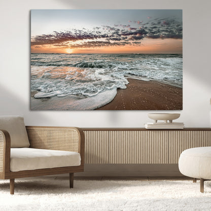 Ocean Sunset Wall Art Print - Beach Waves Canvas Print, featuring a serene seascape with golden sunlight reflecting on gentle waves, perfect for coastal and minimalist decor.