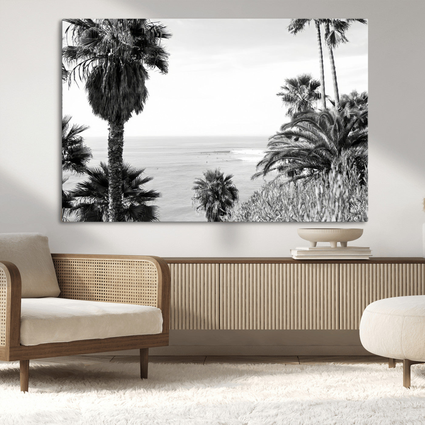Monochrome canvas of palm trees framing a coastal surf scene, perfect for California-inspired or retro black-and-white beach decor.