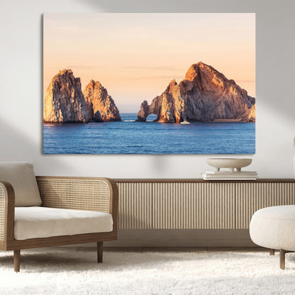 Framed canvas of El Arco rock formation in Cabo San Lucas at golden hour, ideal for coastal landmark or ocean-inspired decor.