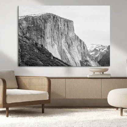 Monochrome canvas of El Capitan’s granite wall in Yosemite with snowy peaks, ideal for dramatic mountain or black-and-white nature decor.