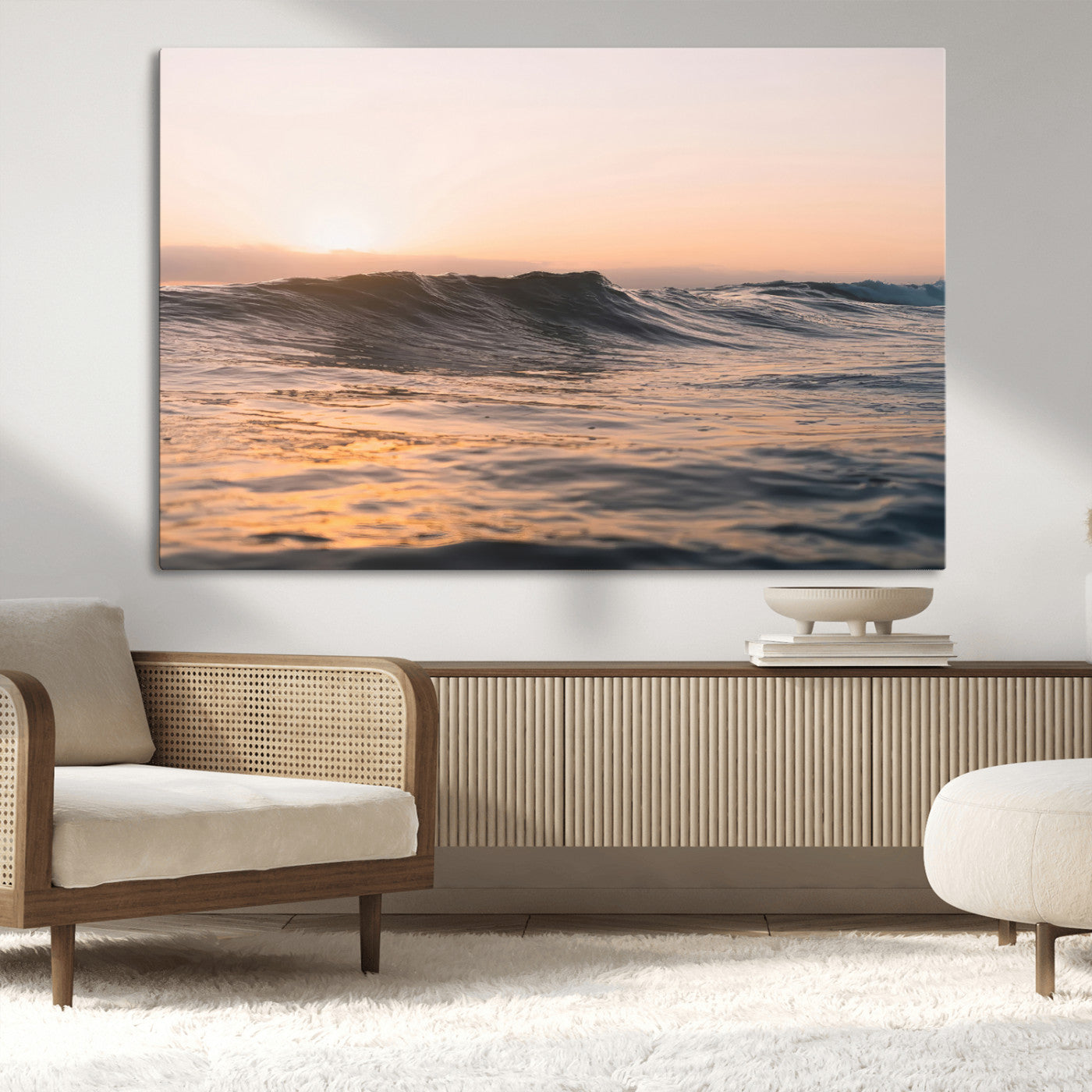 Framed canvas of ocean waves glowing in sunset light, ideal for golden hour calm or peaceful coastal-inspired wall decor.