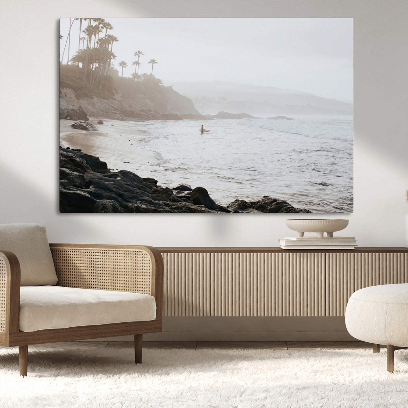 Framed canvas of a surfer in misty coastal tones at a foggy California beach, ideal for minimalist coastal beach or serene ocean-themed decor.