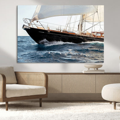 Close-up of a classic sailing yacht with wooden deck and full sails, perfect for nautical or coastal-style decor in ocean-themed spaces.