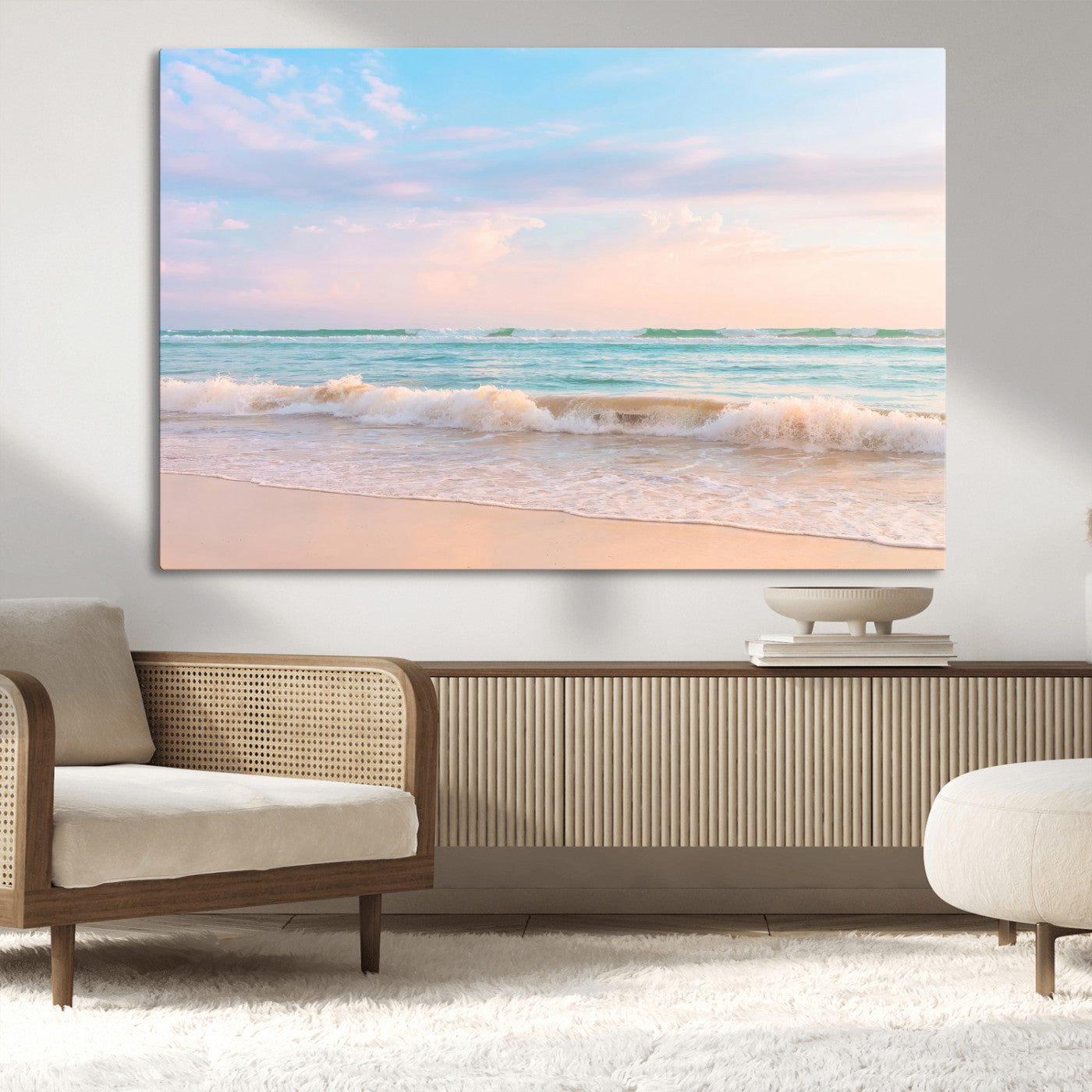 Pastel-toned ocean waves under soft sunset skies, ideal for pastel coastal or serene beach-style home decor.