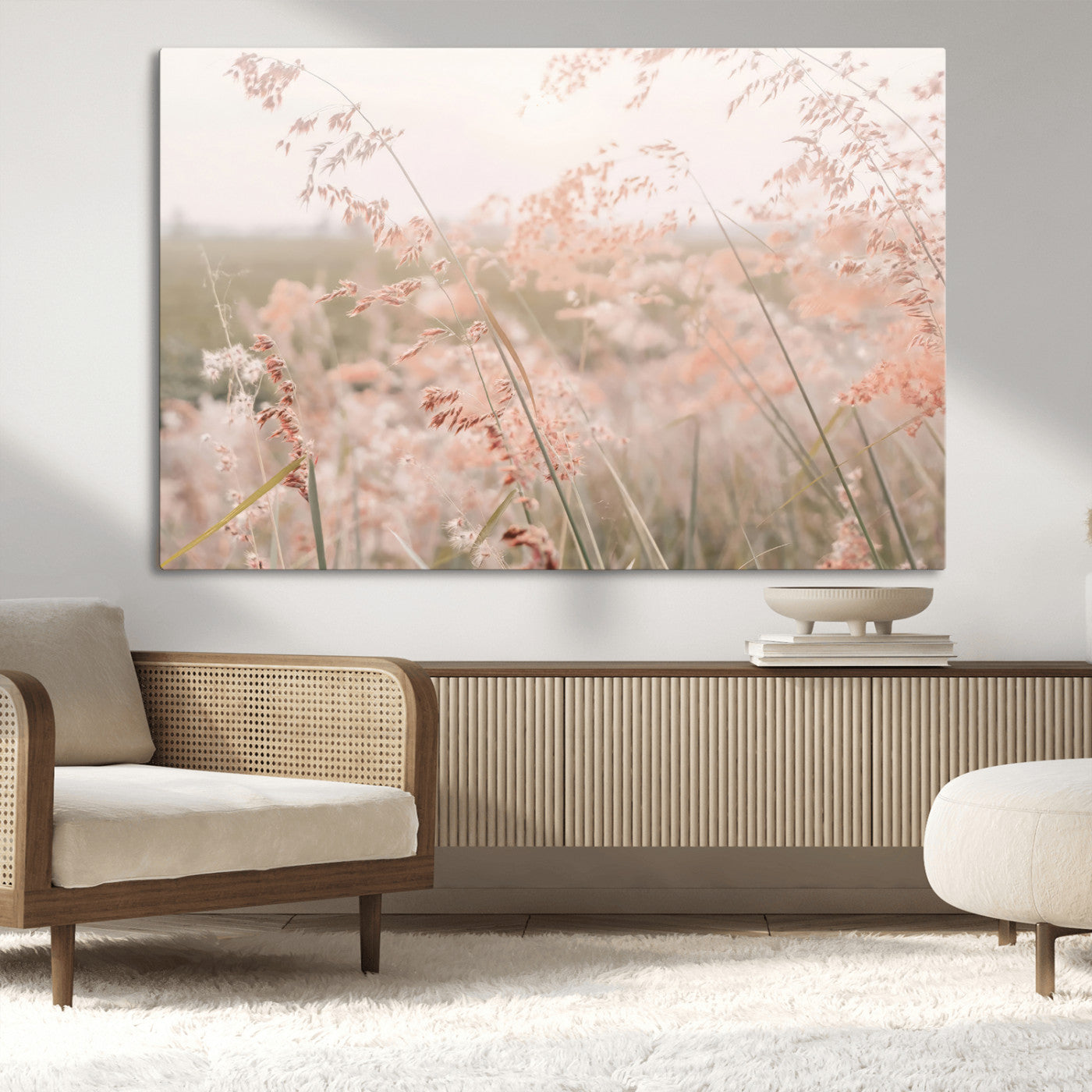 Soft pastel field with wild grasses in warm light, ideal for minimal nature or airy countryside-inspired interior wall decoration.