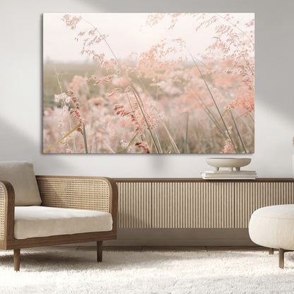 Soft pastel field with wild grasses in warm light, ideal for minimal nature or airy countryside-inspired interior wall decoration.