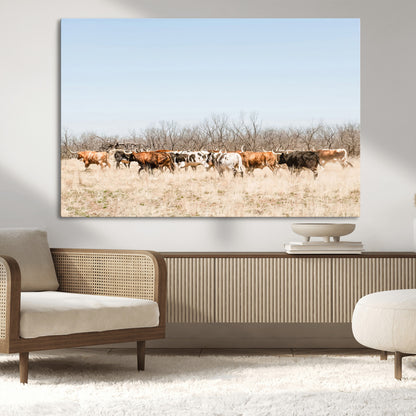Framed wall art of Texas longhorn cattle walking through a dry, neutral-toned prairie, perfect for rustic farmhouse or western-themed home decor.