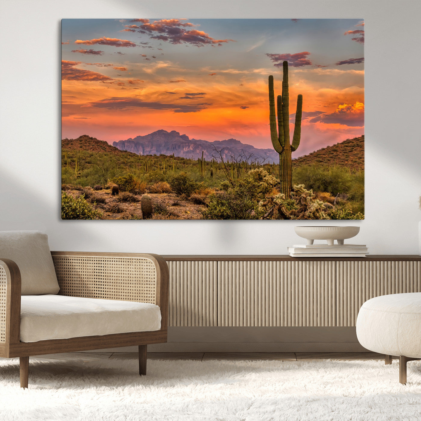 Vibrant desert sunset with saguaro cacti and distant mountains, perfect for Southwestern or warm-toned home decor.