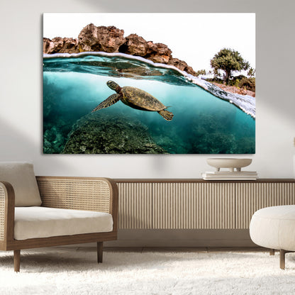 Dynamic split-view photo of a sea turtle swimming near rocky shores, perfect for vibrant coastal or tropical beach home decor.