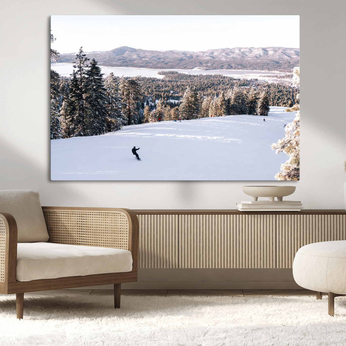 Canvas of a snowy mountain ski slope with pine trees and bright winter light, ideal for modern rustic or alpine-inspired home decor.