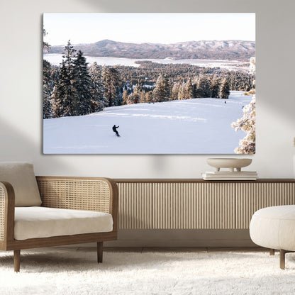 Canvas of a snowy mountain ski slope with pine trees and bright winter light, ideal for modern rustic or alpine-inspired home decor.