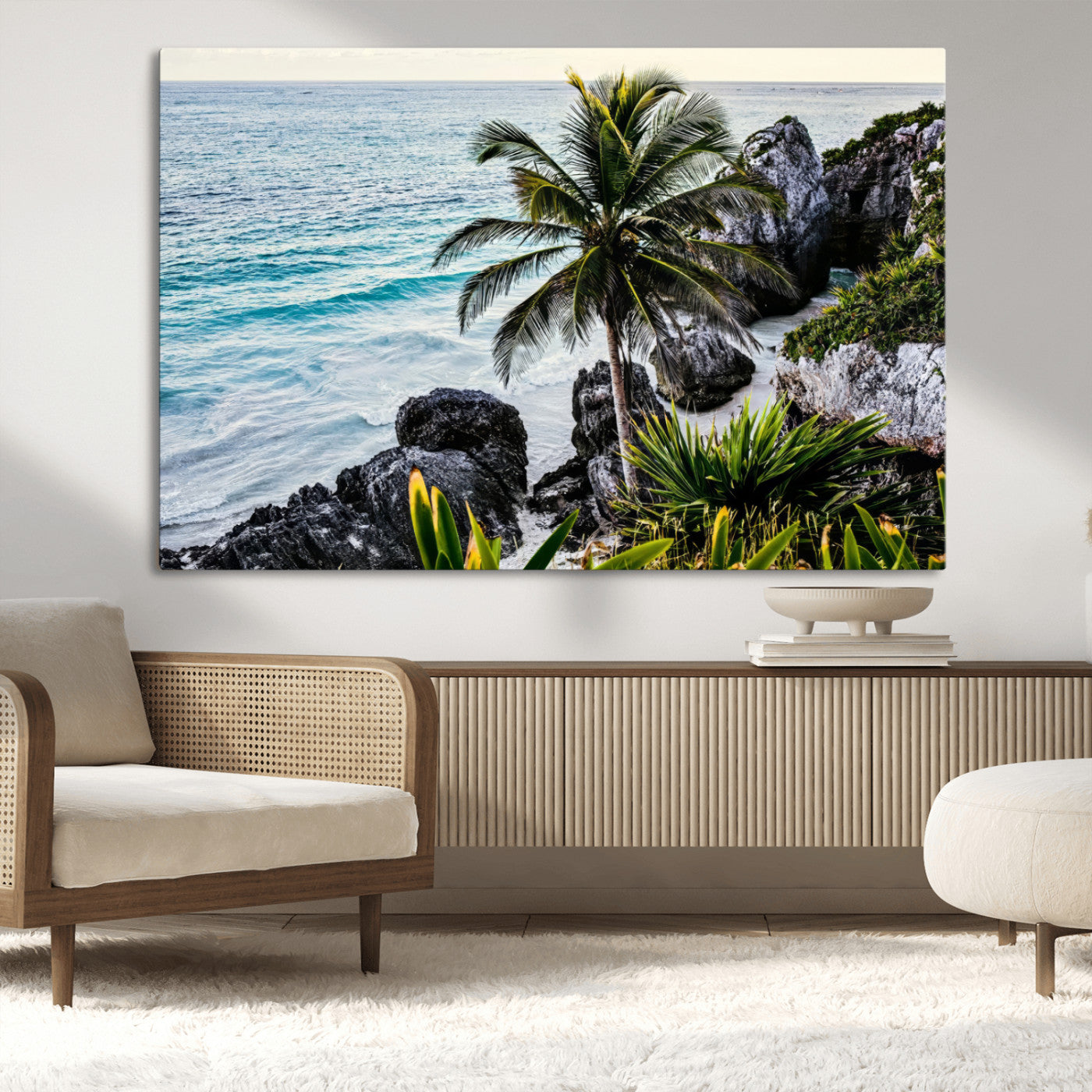 Framed canvas of a vibrant tropical coastline with palm trees, rocky cliffs, and turquoise waters, ideal for tropical coastal home decor.