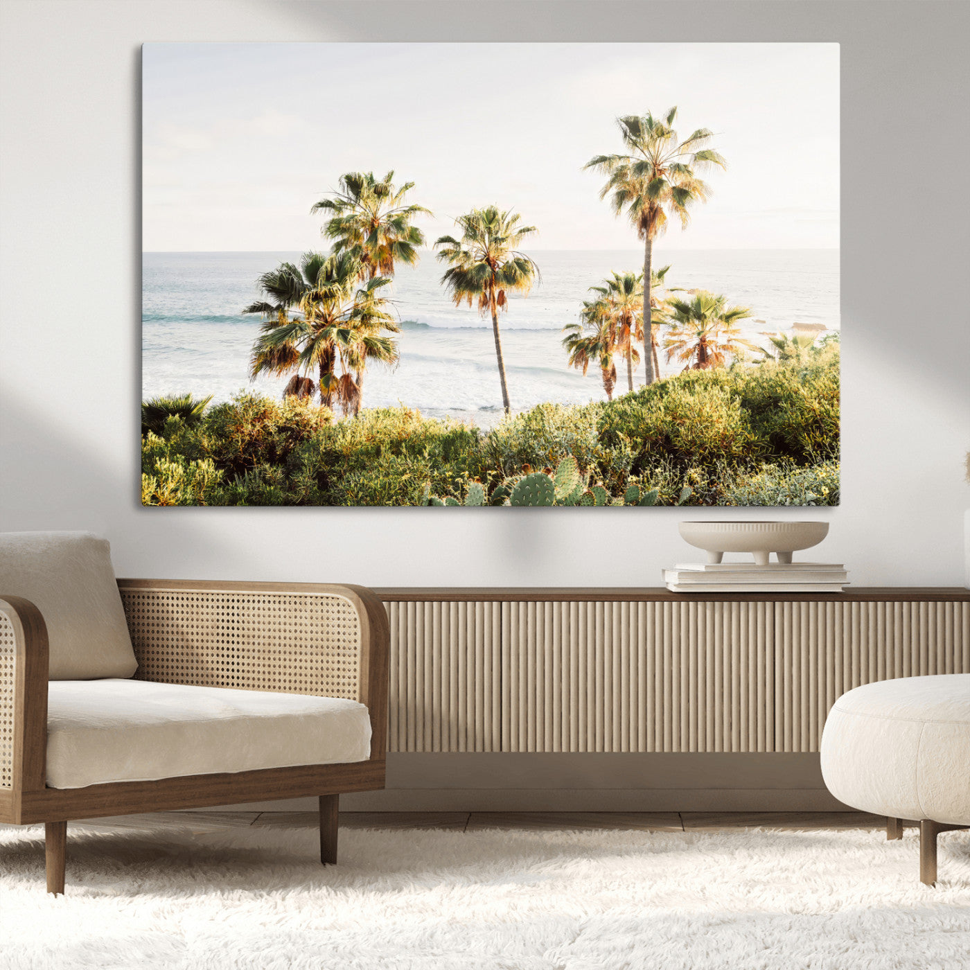 Framed print of sunlit palm trees on the California coast with warm tones, perfect for coastal minimalist or beach-style home decor.