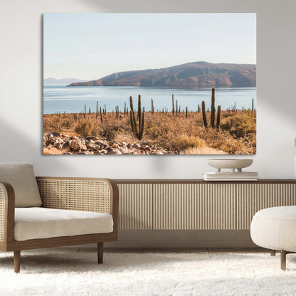 Warm desert landscape with cacti and coastal mountains, perfect for southwestern or earthy calm-themed home wall decor.