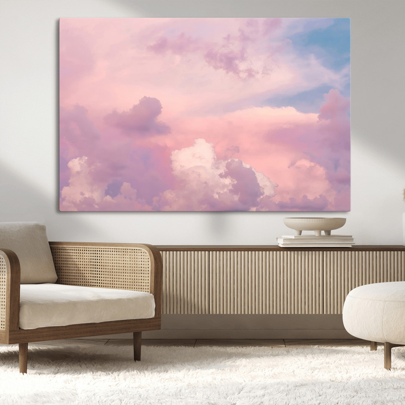 Soft pastel-colored clouds in shades of pink, purple, and blue, creating a dreamy and serene sky perfect for a calming decor touch.